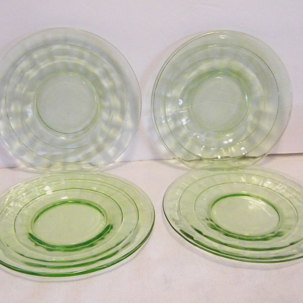 4 Vaseline Glass Saucers in Optical Block Pattern, Vintage set Depression Glass small plates, decorative glassware, used, no chips or cracks