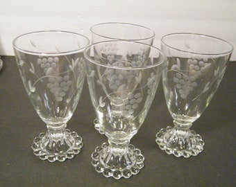 4 Anchor Hocking Etched Boopie Water Goblets with Grape cluster Pattern, Vintage 8 ounce Glasses, juice or wine stemware