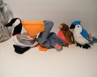 CHOICE Ty Beanie Babies Bird Series, Vintage 1990s plush beanies Loosy, Scoop, Early and Rocket, all have original tags