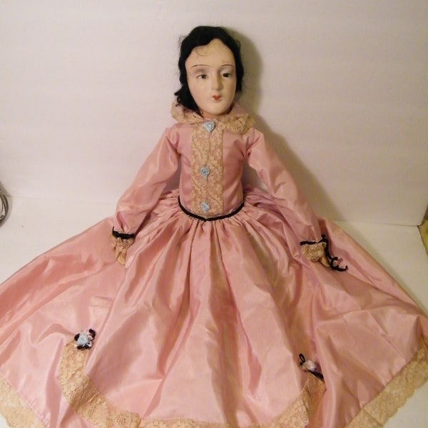 Antique Boudoir Doll in Distressed Condition from age and play, Vintage Bisque and Cloth Doll in satin dress, thin hair, missing eye lashes