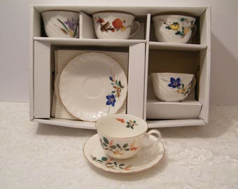 5 Cup and Saucer sets NIB from Tajimi Japan , Vintage Gift Set Japanese porcelain each in different pattern, yamaka,