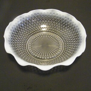 Moonstone Opalescent Ruffled Bowl by Anchor Hocking, Vintage Hobnail pattern with blue rim adds elegance to any table,  9 inch serving bowl