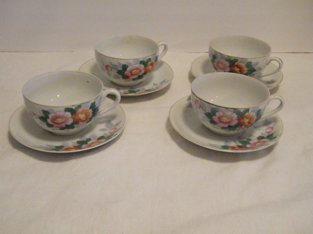4 Sets Occupied Japan Cups and Saucers With Pink and Yellow Rose Design, Vintage 1950s Made in
