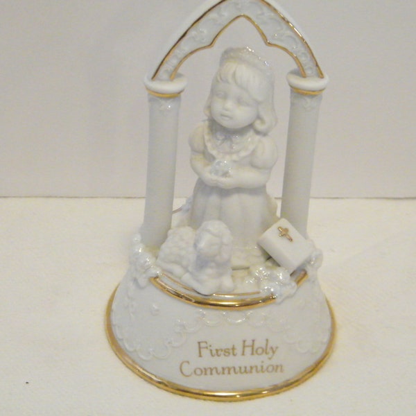 First Holy Communion Musical Figurine by San Francisco Music Box co, Vintage white porcelain statue of little girl receiving 1st, bible lamb