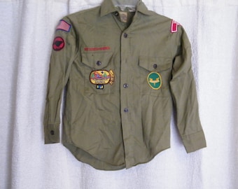 Vintage BSA Uniform Shirt Long Sleeves Size 12, Olive green Official shirt of Boy Scouts Of America Tumwater WA, stained sleeve