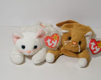 Choice of Ty Beanie Baby Kitty Flip or Nip, Vintage Plush Kittens with Original Tags, Flip is White, Nip is Brown, collectible toys