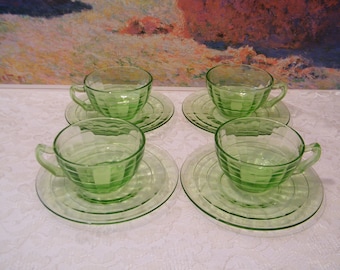 Vaseline Glass Cups and Saucers in Block Optic Pattern, 4 Vintage Sets Depression Glassware, 1930s Hocking Glass replacement, party