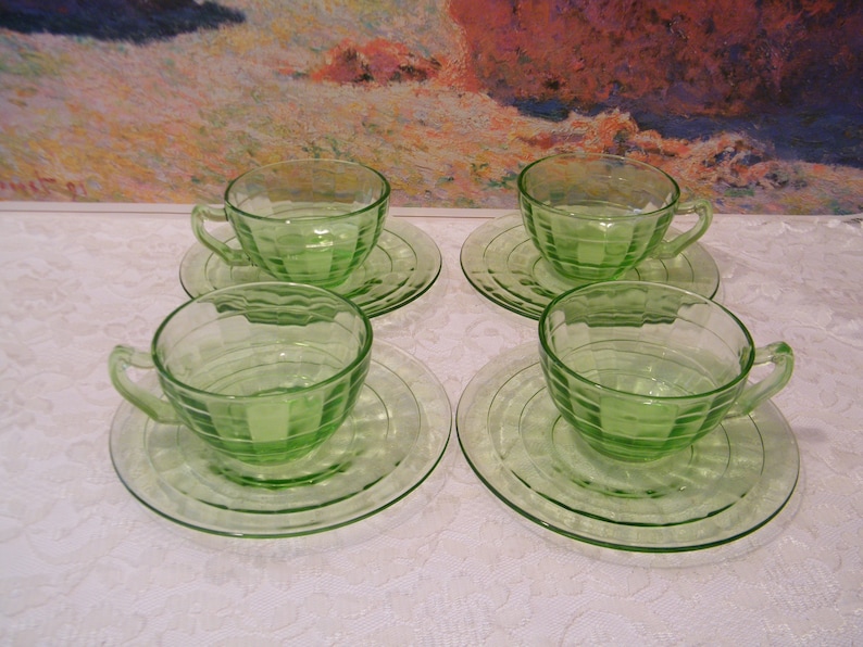 Vaseline Glass Cups and Saucers in Block Optic Pattern 4 Etsy