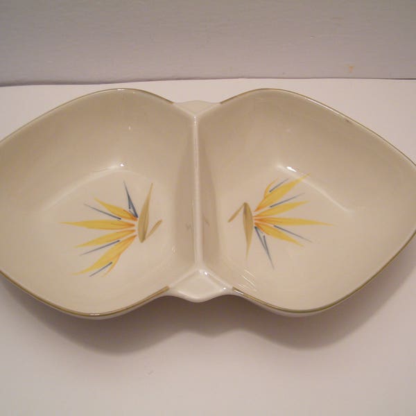 Winfield Pottery Bird of Paradise Divided Dish, Vintage 1940s kitchen dining china, replacement bowl, snack or candy
