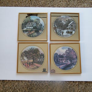 Set Currier and Ives Mirror Framed Tiles in Seasons theme, Vintage set of 4 wall decor in 8 x 8 tiles,