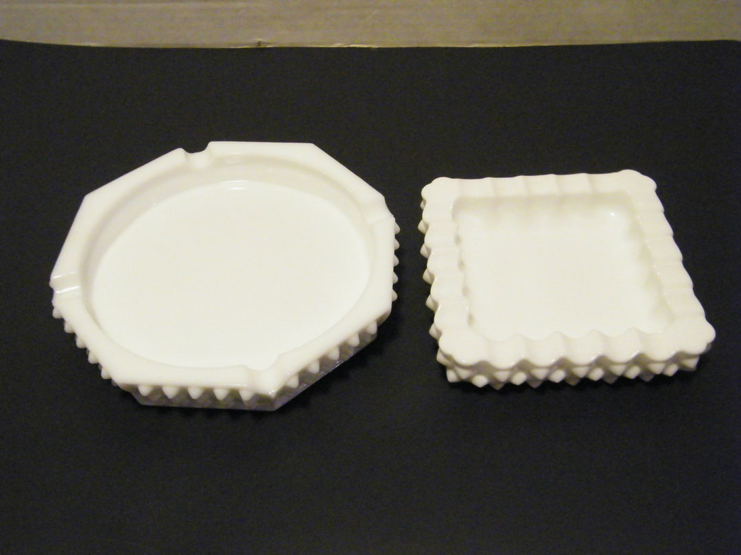 2 Milk Glass Ashtrays Retro 60s Home Decor, Vintage Round Hexagon and