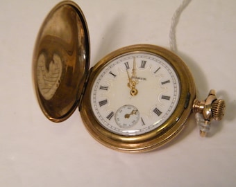 1900 Elgin 7 Jewel Ladies Pocket Watch, Roman Numerals and Gold Filled Hunters Case, Vintage time piece with Initials KVP and floral pattern