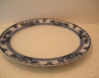 Antique Flow Blue Platter by Losol Ware in Rare Beverly pattern, Vintage Large crown Keeling, Burslem England, dove in tree, parrot bird
