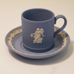 Wedgewood Blue Jasperware Demitasse Cup and Saucer Set, Vintage Lady Love with Laurel Scroll, Made for Danbury Mint, 310