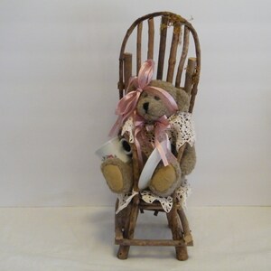 Teddy Bear in Hand Made Wood Stick Doll Chair Teddys Tea Party, Vintage Artistic created stick chair with stuffed plush, japan cup saucer