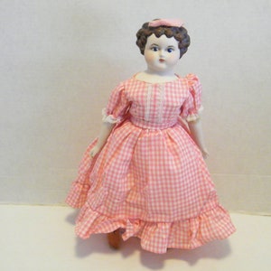 Bisque Bed Doll is Mamma Doll in Pink Gingham dress, Vintage hand made unmarked 15 inch tall collectible bed doll with stand