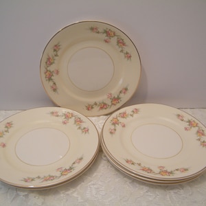 6 Dessert or Bread plates pale yellow with roses from Homer Laughlin, set of vintage 1940s small saucers, bridual shower china, 7 inch dia