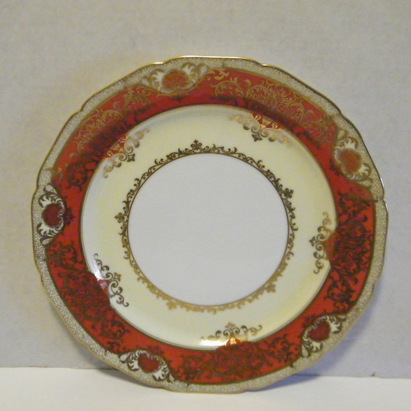 Noritake Hand painted Dinner Plate  Crimson Red with Gold embellish scroll, Vintage cake plate, kitchen decor,