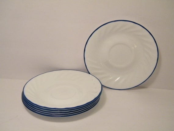 6 Corelle Saucers White Swirl With Blue Edge Enhancement Pattern