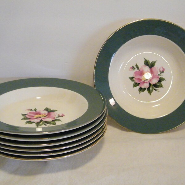 4 Empire Green Rimmed Soup or Pasta Bowls Homer Laughlin Restaurant Ware by Century Service, Vintage 1950s china, special occasion dishes