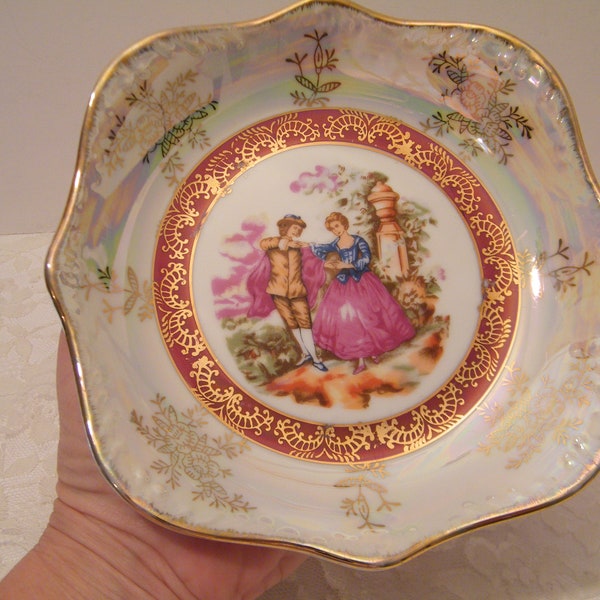 Romantic Candy Dish Iridescent Pearl Maroon Center, Vintage 1950s Japanese art on scalloped rim bowl, gold accent, fragonard couple, dance