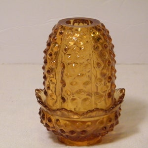Fenton Amber Fairy Lamp with Hobnail pattern and ruffled base, Vintage Unmarked art glass, foil lost due to age and washing,