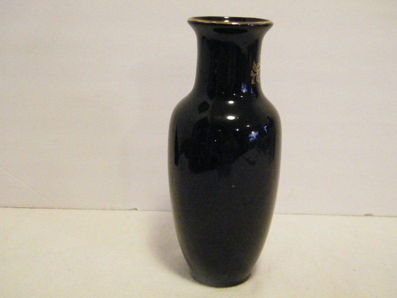 Vintage 8 inch asian flower holder Japanese Peacock Vase on Black Ceramic with Gold accent light wear discoloration cherry blossom tree
