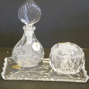 Princes House Crystal Vanity Set NIB, Vintage Lead Crystal Tray, Perfume Bottle with Stopper, Covered Round Ring Box in Heritage Romance
