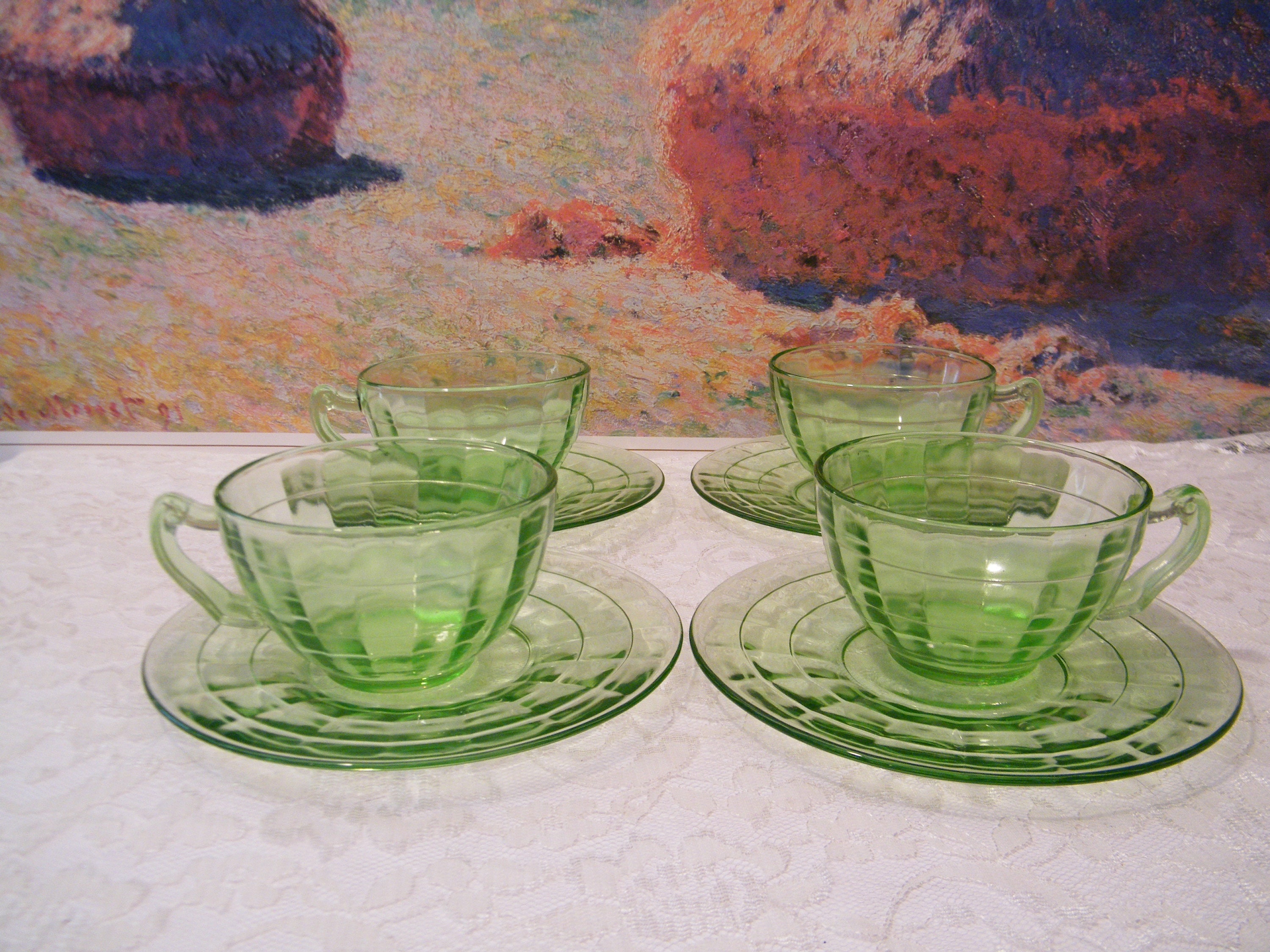 Vaseline Glass Cups and Saucers in Block Optic Pattern 4 Etsy