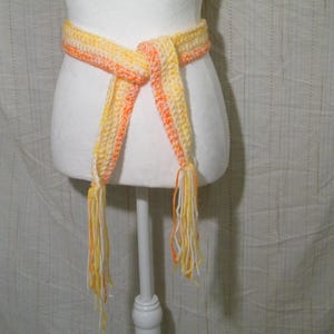 Crochet Sash Belt in Orange and Yellow  Hand Made, New Acrylic BOHO Style 1960s to 1970s fashion accessory, 48 inches long, medium fit