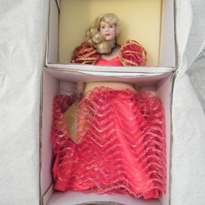 Vintage Porcelain Doll NIB July Birthday Doll with faux ruby necklace, Franklin Heritage Mint COLLECTIBLE 12 inches tall,