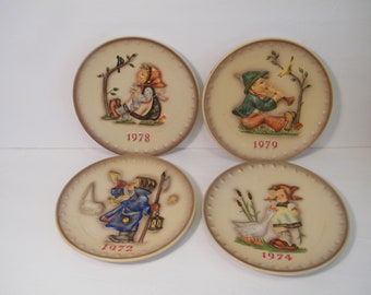 4 Hummel Annual Plates in Bas Relief 1972, 1974, 1978, 1979, Collection of Vintage Goebel Ceramic Wall decor, No Boxes