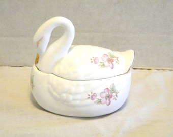 Lefton Swan Jewelry Dish or Trinket Dish, Vintage Bone China White Swan with pink floral cherry blossoms, numbered 05259 jewelry dish,