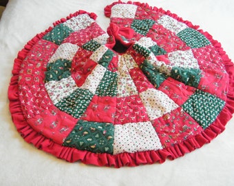 Vintage Handmade Tree Skirt in Quilted Pattern, Nostalgic themed tree decor in colorfol patches with red backing, 3 small stains on backside