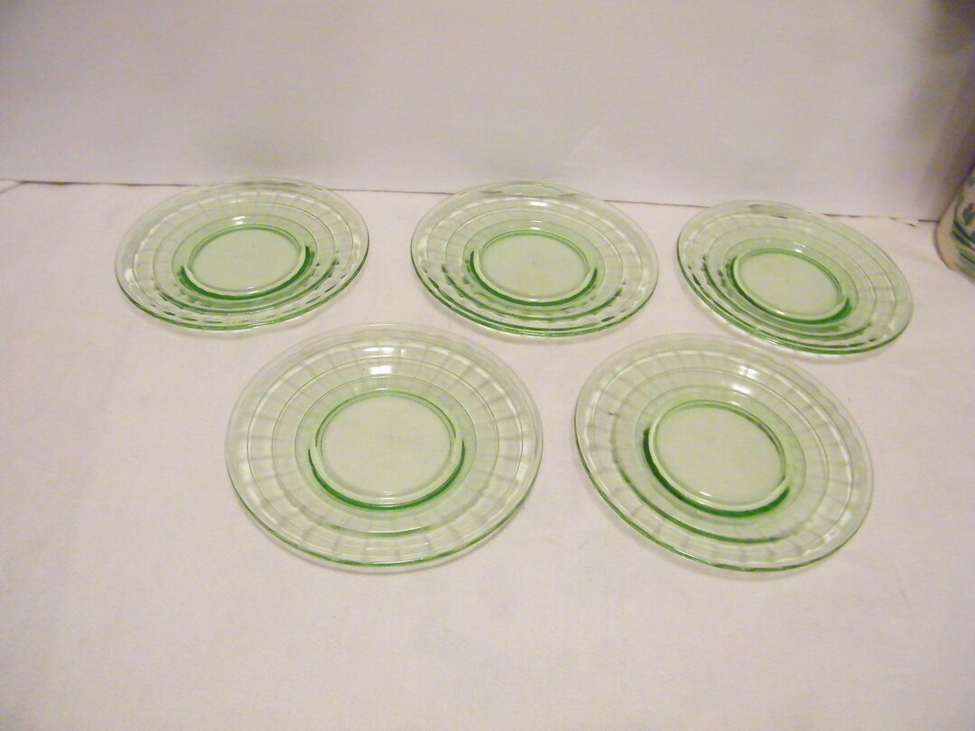 5 Vaseline Glass Saucers With 4 Ring Pattern, Vintage Depression Glass From Federal Glass Co