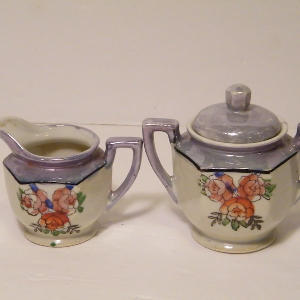 Japan Lusterware Creamer and Sugar Bowl with Rose Design, Vintage Mid Century set, decorative kitchen china