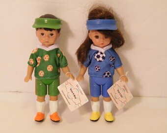 Madame Alexander Kick It Soccer Boy and Girl Dolls from McDonalds Child Meals, Vintage gently loved 4.75 inch tall, Both have wrist tag,