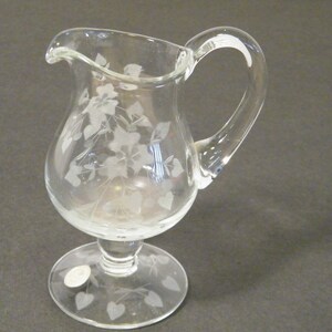 Romanian Glass Creamer with Hand Painted Floral design, Vintage Footed pitcher adds charm to any table