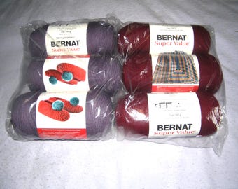 Choice Bernat 3 Pack  Yarn in Either Burgandy or Dark Mauve by Yarnspirations, Super Value Skeins in 3 pack Solid Colors, see details