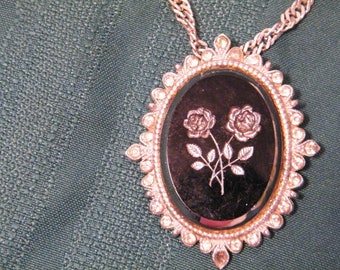 Vintage Antique French Black Glass Mourning Pendant Silver Roses Reverse Carved and Rhinestones, Vintage Antique accessory 3 missing stones