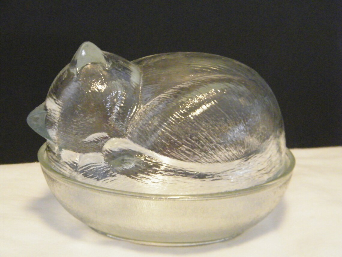 Sleeping Cat Candy Dish Vintage Kitty in basket covered bowl Etsy