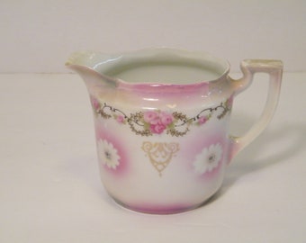 Bavarian Lustreware Creamer with Hand Painted Roses and Daisies, Vintage Orphaned serving pitcher makes lovely vase