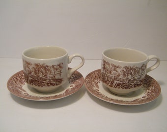 2 Sets Churchill Brown Transferware Flat Cups and Saucers, Vintage Mid Century Ceramic china in pastoral scene, gift for newlyweds