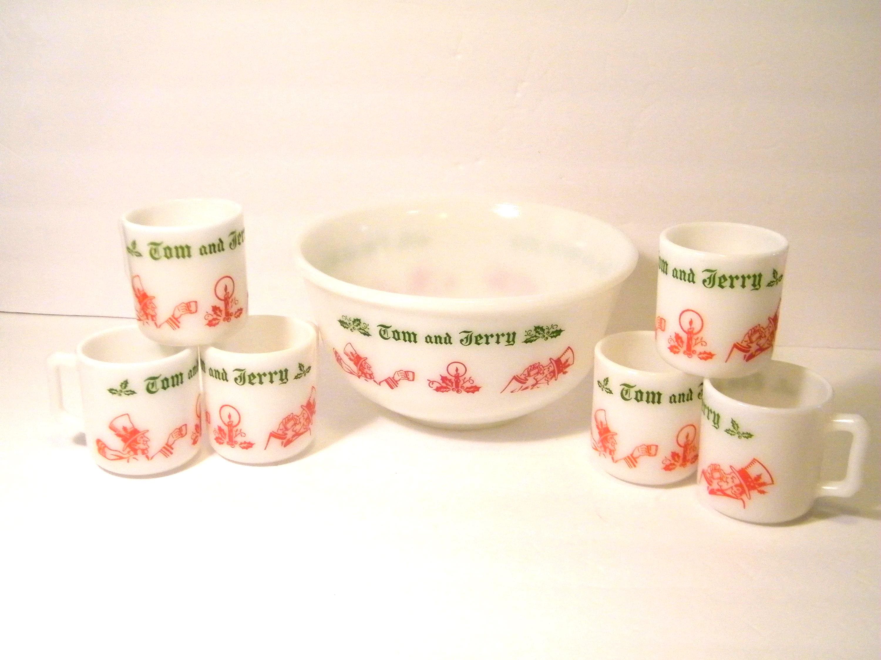 Hazel Atlas Tom and Jerry Bowl and Punch Cups Set, Vintage Mid