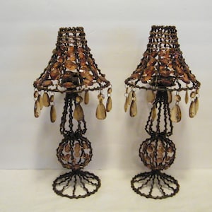 2 Tea Light Lamps Beaded Art Deco Home Decor, Vintage Pair Lighting made of Amber Crystals and Beads on Copper Frame,