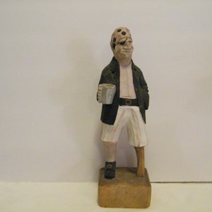 Large Hand Carved Wooden Pirate with Peg Leg 12 inch tall figure, Vintage Wood leg shipmate, Boston souvenir,