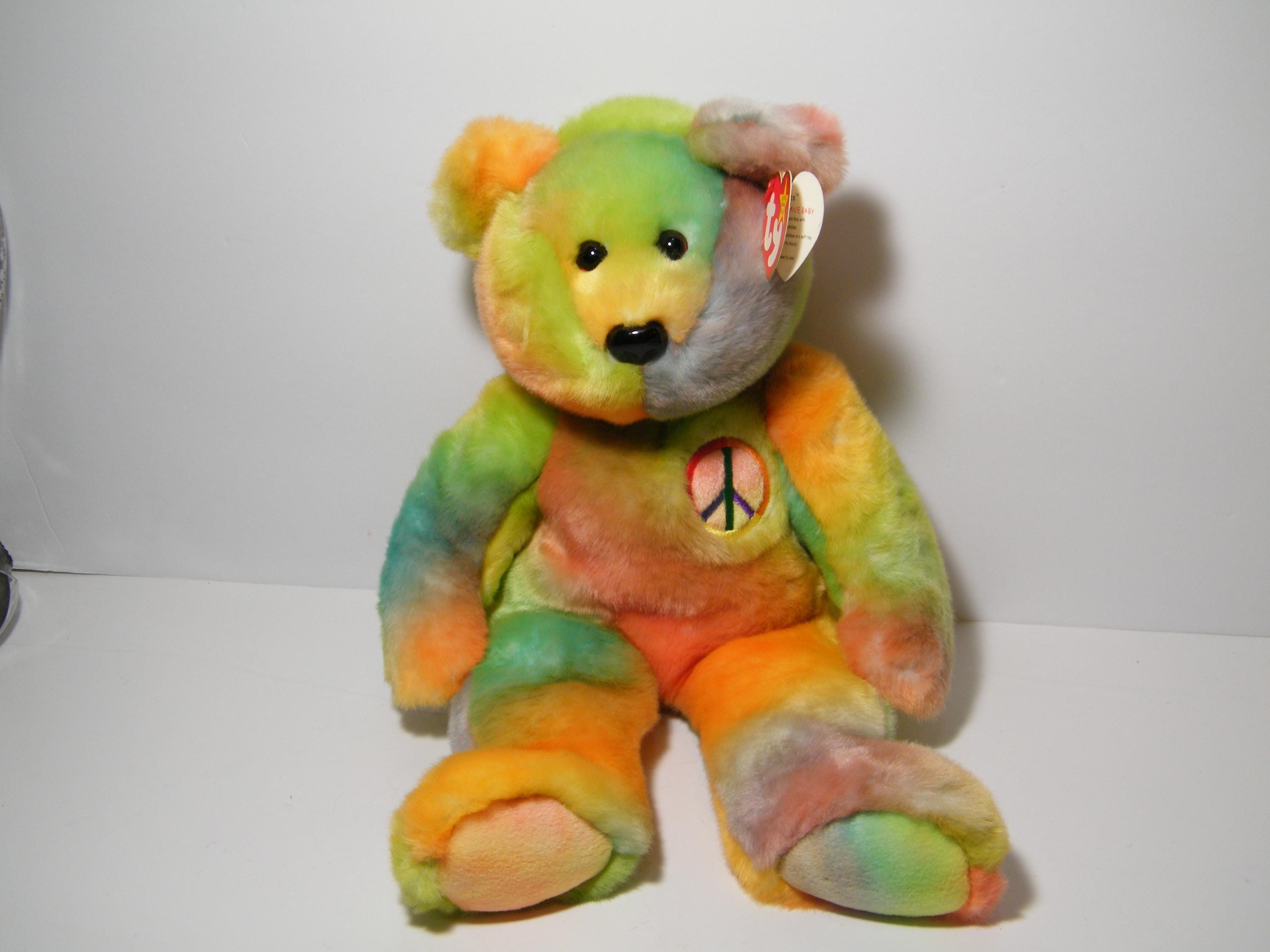 Ty Beanie Buddy Peace the Tie Die Bear Bright Edition, Vintage 13 inch tall bear for your collection