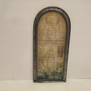 Religious Painted Cathedral Glass Panel Jesus Ascencion potrayed, Vintage SMALL window with metal frame, Catholic decor,