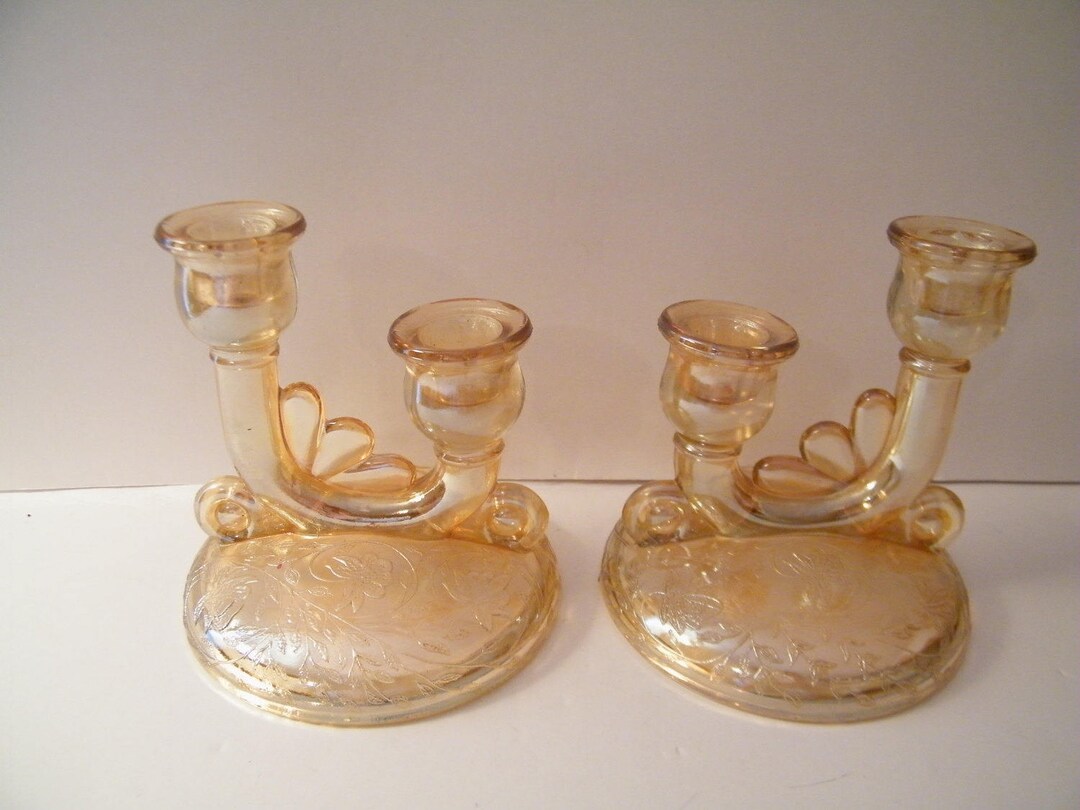 Double Candle Holders by Glass in Louisa Floragold Pattern