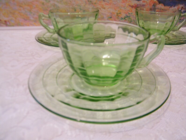 Vaseline Glass Cups and Saucers in Block Optic Pattern 4 Etsy